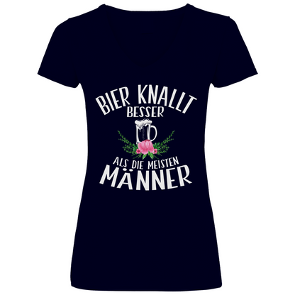Bier knallt besser als die meisten Männer - V-Neck Damenshirt Deep Navy