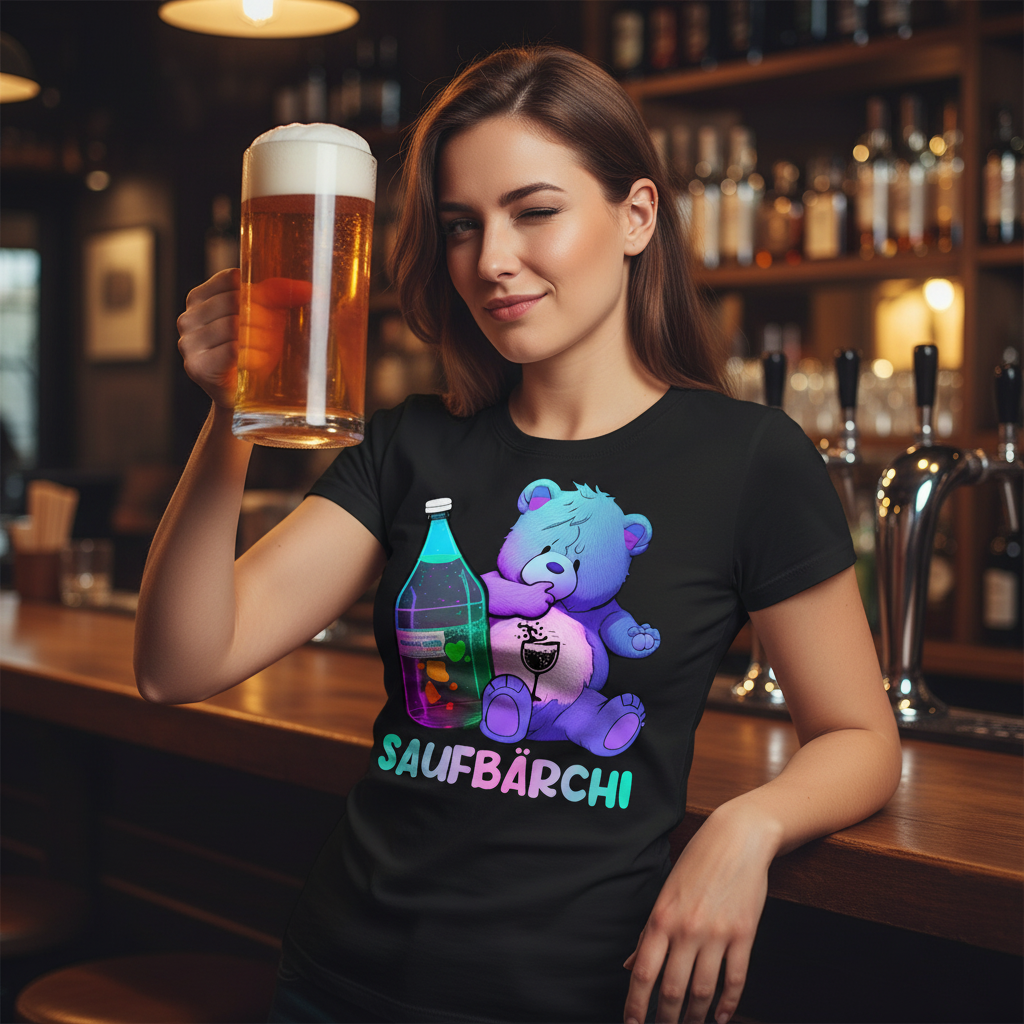 Saufbärchi Damen Shirt Lustiges Glücksbärchi Party Feier Trink Funshirt