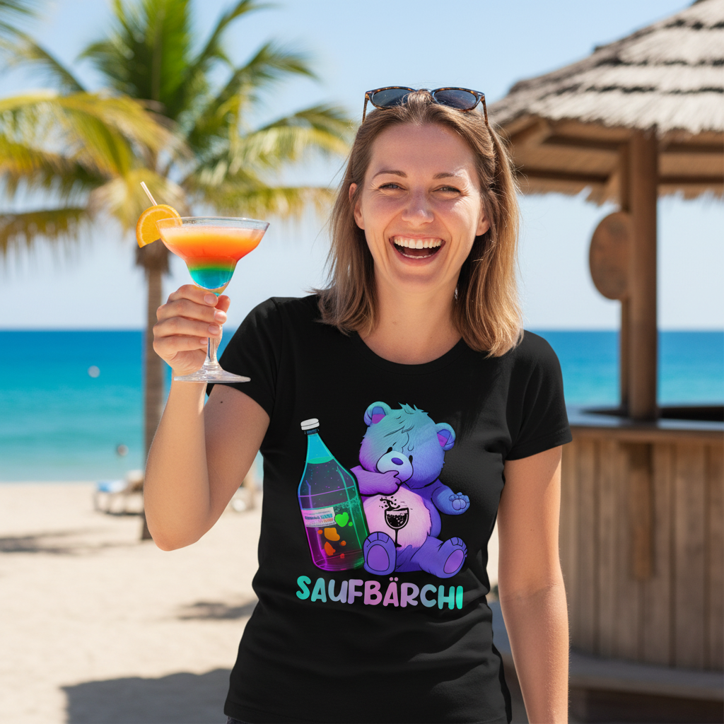 Saufbärchi Damen Shirt Lustiges Glücksbärchi Party Feier Trink Funshirt