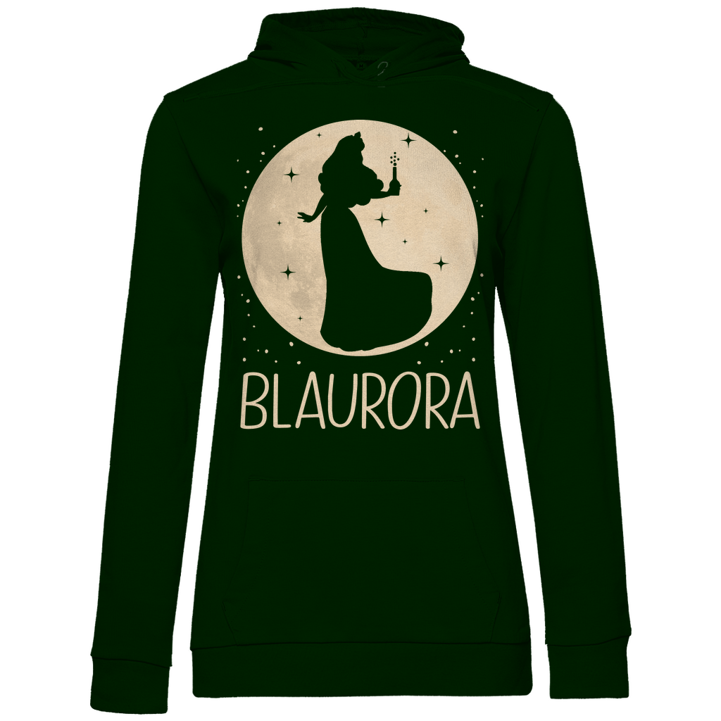 Waldgrüner Hoodie mit BLAURORA Alkohol Prinzessin Motiv witzig Parodie, Frontansicht