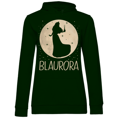Waldgrüner Hoodie mit BLAURORA Alkohol Prinzessin Motiv witzig Parodie, Frontansicht