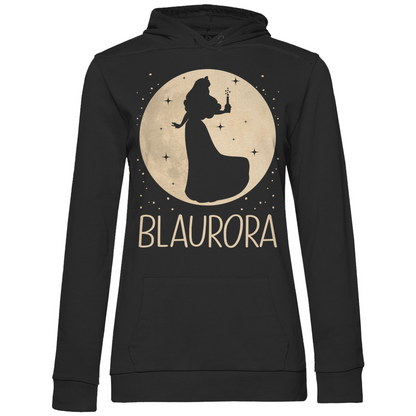 Schwarzer Damen Hoodie mit Blaurora Dornröschen Motiv und Mond Silhouette, Frontansicht