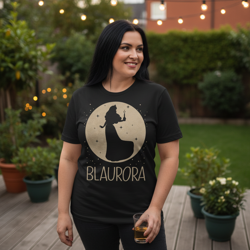 Eine Frau trägt ein Blaurora Mond Prinzessin Shirt bei einer Gartenparty und unterhält sich mit Freundin