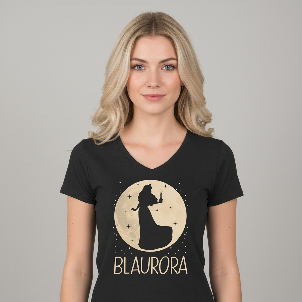 Eine Frau trägt das Blaurora Dornröschen V-Neck Shirt im Studio Portrait und lächelt selbstbewusst