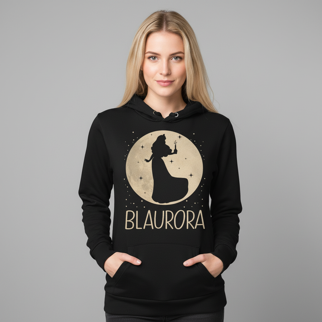 Eine Frau trägt den Blaurora Dornröschen Hoodie im Studio Portrait und lächelt selbstbewusst