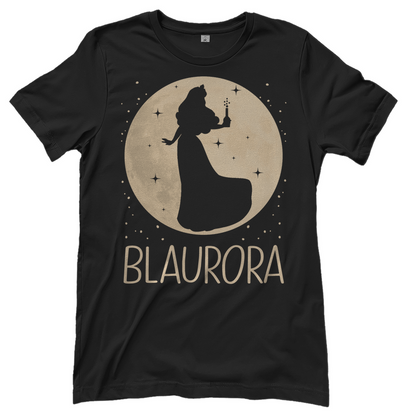 Schwarzes Damenshirt mit Blaurora Mond Prinzessin Design magische Vollmond Silhouette, Frontansicht