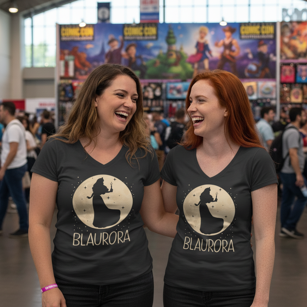 Zwei Frauen tragen das Blaurora V-Neck Shirt bei der Comic-Con und lachen zusammen als Disney-Fans