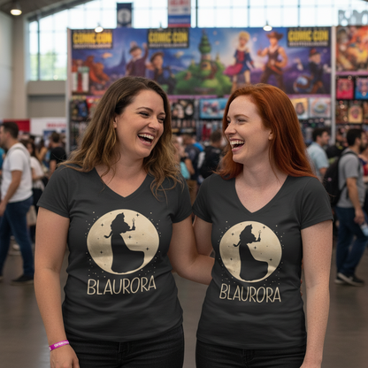 Zwei Frauen tragen das Blaurora V-Neck Shirt bei der Comic-Con und lachen zusammen als Disney-Fans