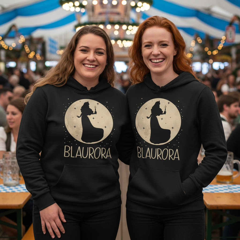 Zwei Frauen tragen den Blaurora Hoodie beim Oktoberfest München und lachen zusammen im Partnerlook