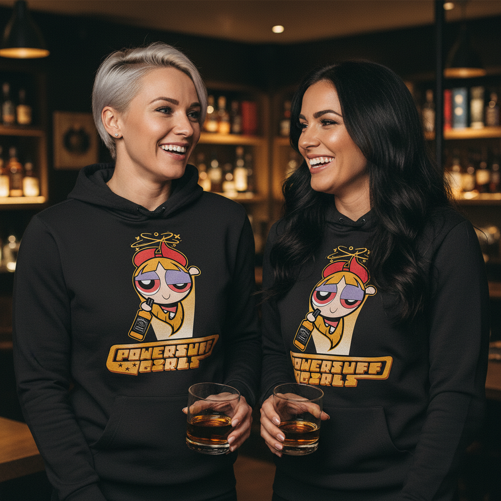Zwei Frauen tragen den Blossom Powershuff Girls Hoodie in Whisky-Lounge und lachen zusammen