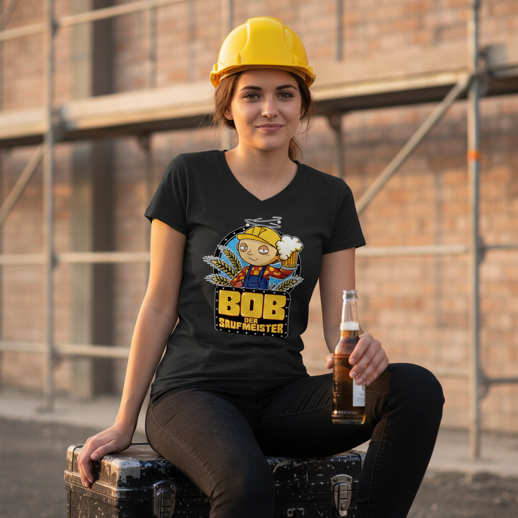 Frau trägt Bob der Saufmeister Shirt beim Feierabend auf der Baustelle mit Helm und Bier in der Hand – witziges Handwerkerinnen Shirt für Bierliebhaberinnen, schwarzes Damen V-Neck