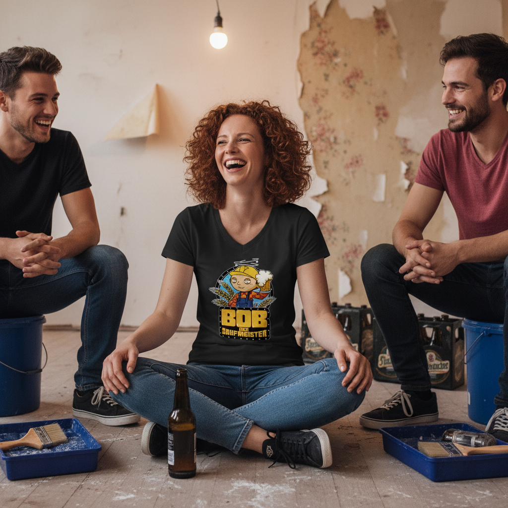 Frau lacht im Bob der Saufmeister Shirt bei Renovierungspause im Altbau mit Freunden und Bier – spaßiges Handwerker Partyshirt für Damen als witziges Präsent zum Geburtstag