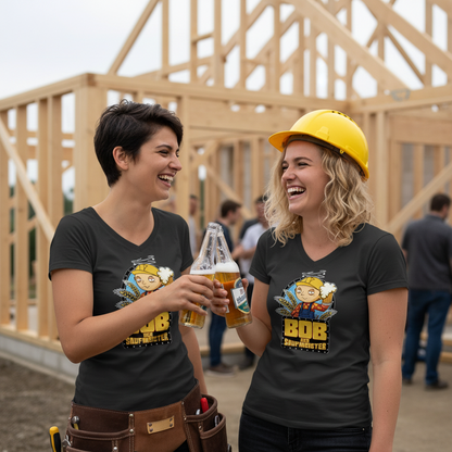 Zwei Freundinnen im Bob der Saufmeister Shirt beim Richtfest Prost – lustiges Baumeister Parodie Shirt als Geschenk für Handwerkerinnen und Bier-Fans, schwarzes Damen V-Neck