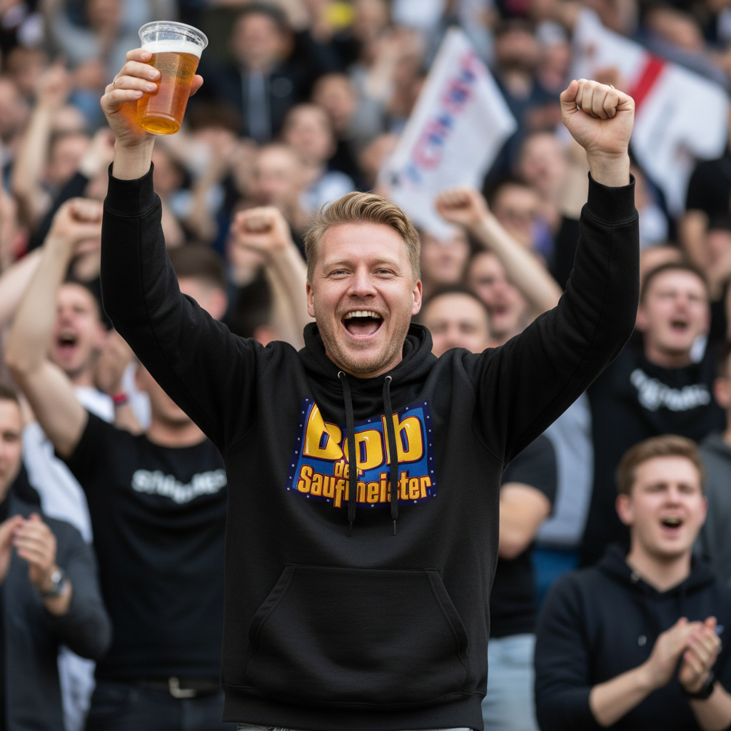 Ein Mann trägt den Bob Saufmeister Hoodie im Stadion beim Feiern im Fanblock mit Bier