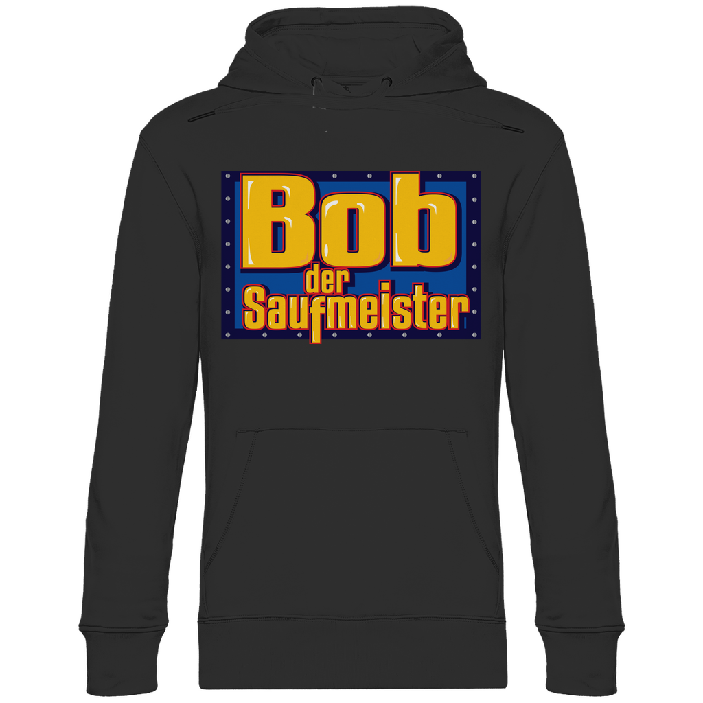 Schwarzer Unisex Hoodie mit Bob der Saufmeister Motiv bunt retro für Party, Frontansicht