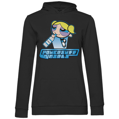 Schwarzer Damen Hoodie mit Bubbles Powerpuff Girls Design und Vodka-Flasche Motiv, Frontansicht