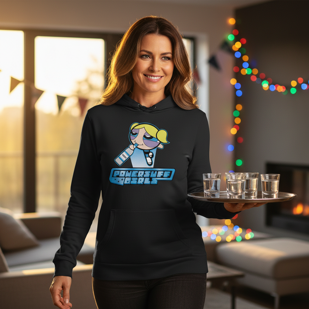 Eine Frau trägt den Bubbles Powerpuff Girls Hoodie auf einer Hausparty mit Vodka-Shots
