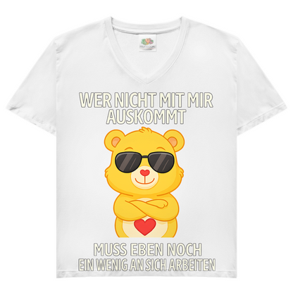 Damen V-Neck T-Shirt Muss an sich Arbeiten Glücksbärchi White