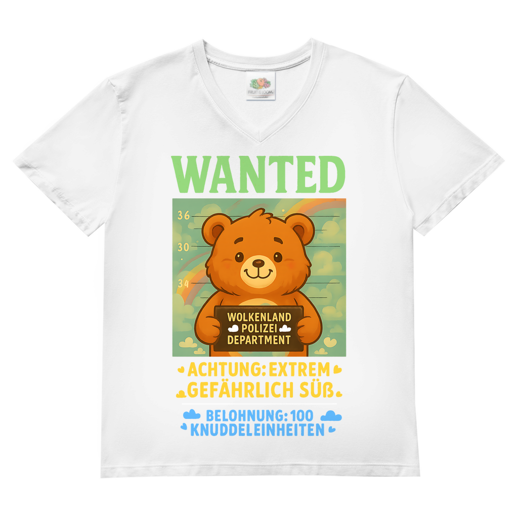 Herren V-Neck T-Shirt Wanted Glücksbärchi Wolkenland Extrem Gefährlich Süß White