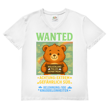 Herren V-Neck T-Shirt Wanted Glücksbärchi Wolkenland Extrem Gefährlich Süß White
