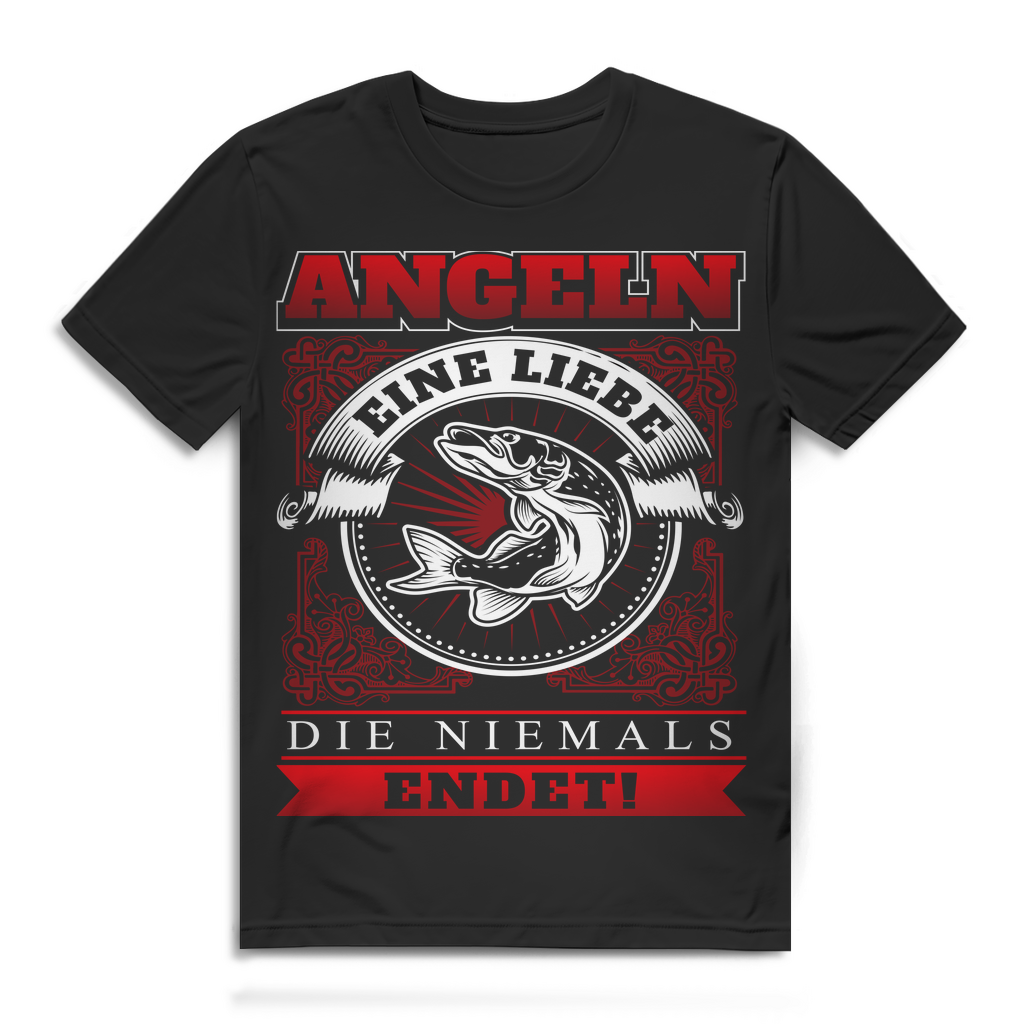 Angeln – Eine Liebe die niemals endet Herren Bio T‑Shirt Angler Hobby Spruch Black