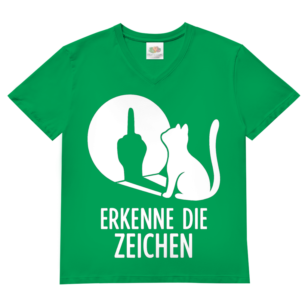 Herren V-Neck T-Shirt Erkenne Die Zeichen Katze Katzenliebhaber Kelly Green