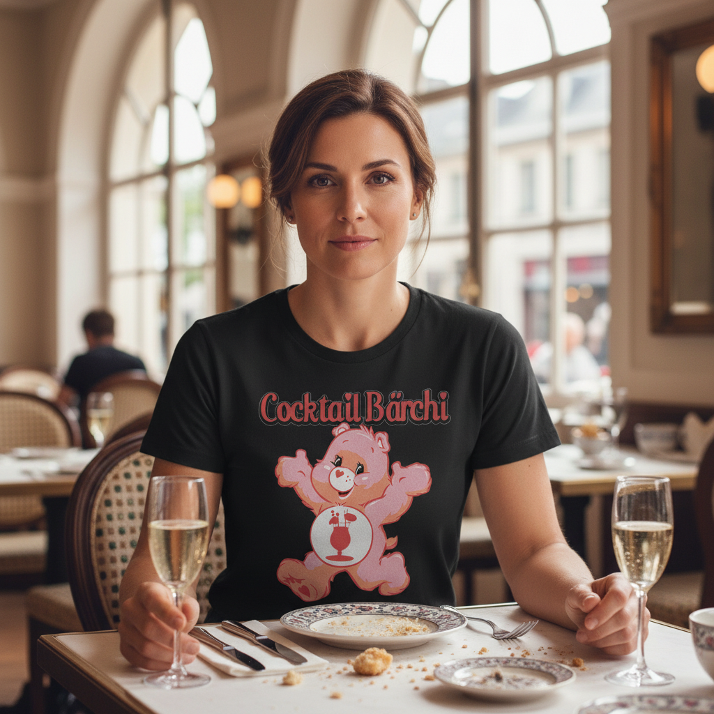 Cocktail Bärchi Damenshirt beim Prosecco-Brunch im Café, entspannte Wochenend-Atmosphäre