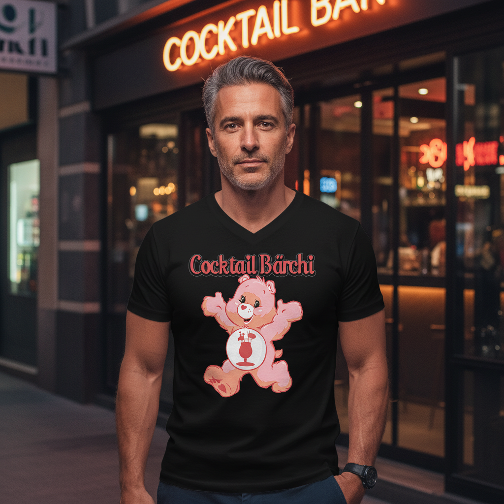 Cocktail Bärchi V-Neck Herren Shirt beim Bar-Hopping, urbane Nightlife-Szene mit Neon-Lights