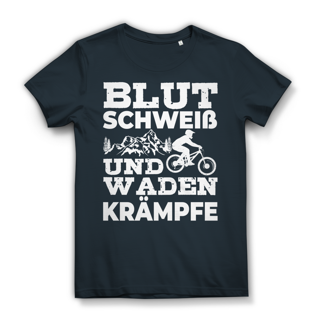Lustiges Damen Bio T-Shirt Blut Schweiß und Wadenkrämpfe Radfahrerin MTB Spruch