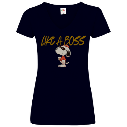 Peanuts Snoopy mit Bier Like a Boss - V-Neck Damenshirt Deep Navy