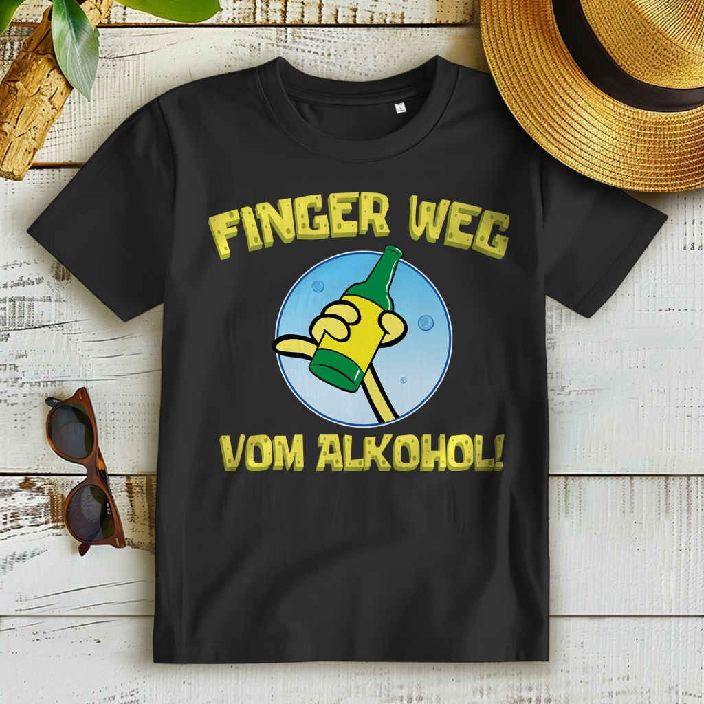Lustiges Damen T-Shirt Finger weg vom Alkohol Hand Bottle Design Premium Bio
