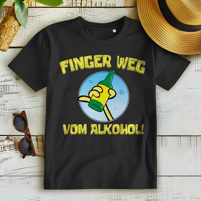Lustiges Damen T-Shirt Finger weg vom Alkohol Hand Bottle Design Premium Bio