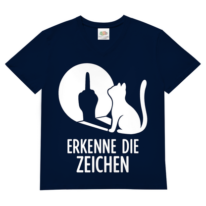 Herren V-Neck T-Shirt Erkenne Die Zeichen Katze Katzenliebhaber Navy