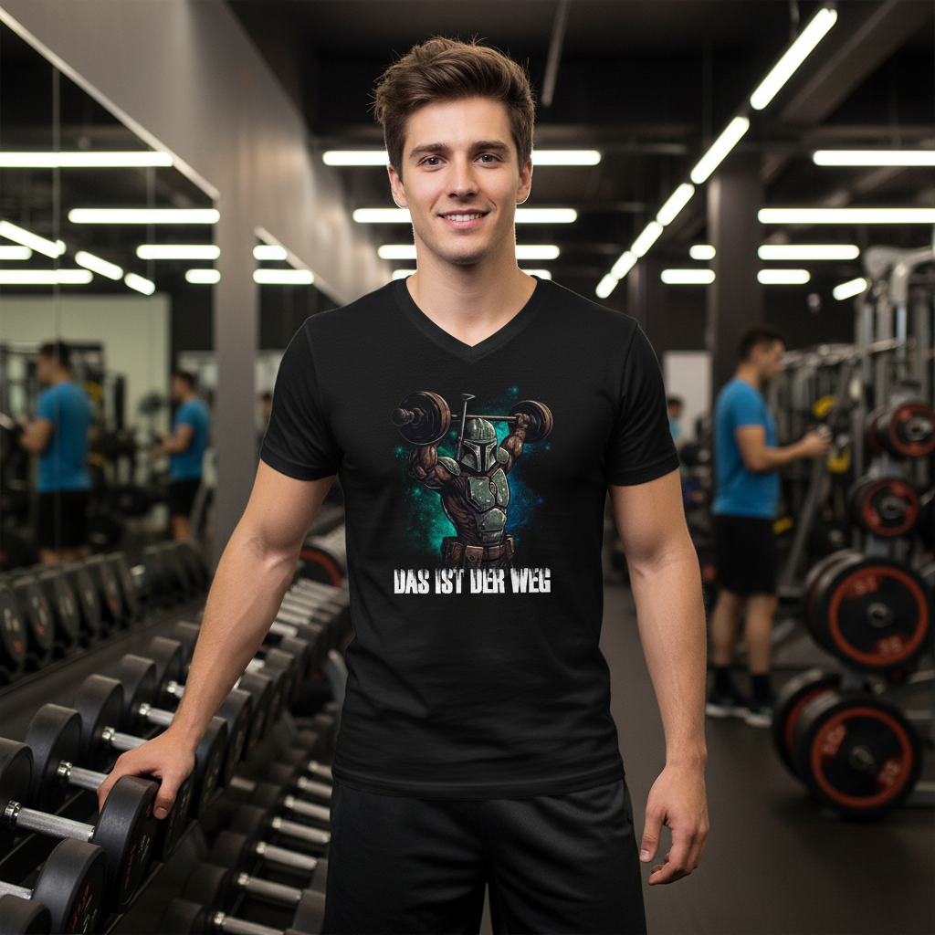Junger Mann trägt Das ist der Weg Mando Gym Shirt im Fitnessstudio zwischen Hanteln und Gewichten
