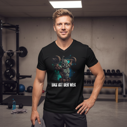 Mann in Home Gym Garage mit Mandalorianer Hanteltraining Shirt Das ist der Weg, Langhantel im Hintergrund