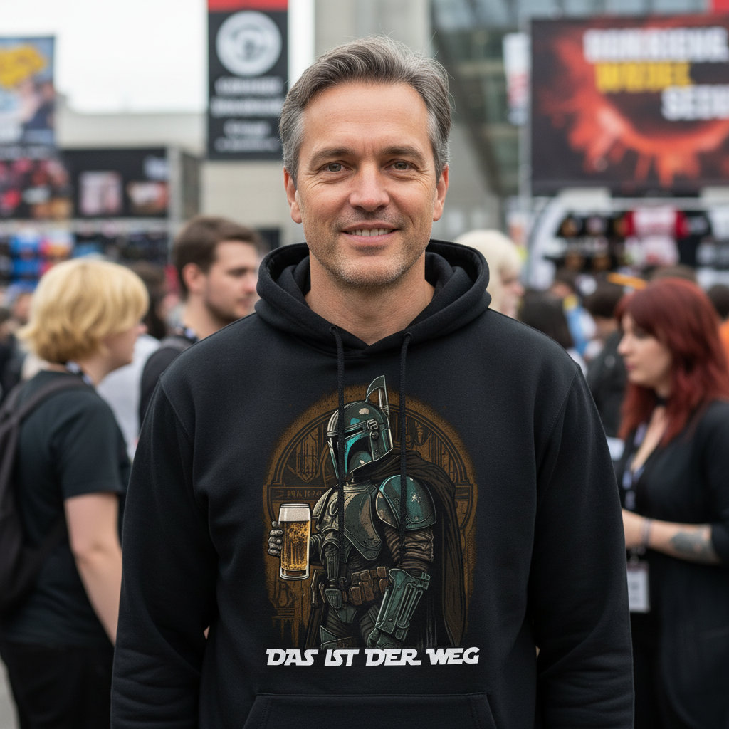 Ein Mann trägt den Das ist der Weg Mandalorian Hoodie auf einer Gaming Convention