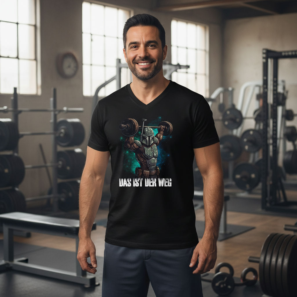 Kraftsportler im klassischen Eisenkeller mit Star Wars Gym Shirt Das ist der Weg, schwere Hanteln sichtbar