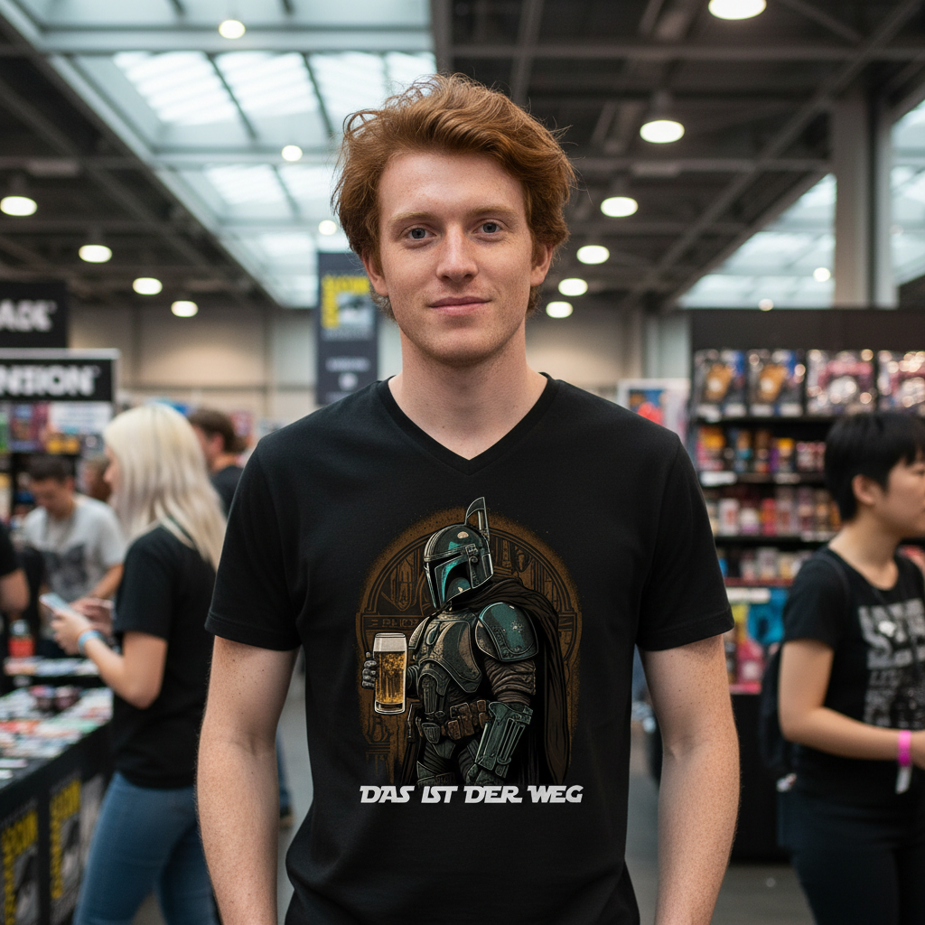 Ein Mann trägt das Das ist der Weg Shirt auf der Comic-Con und steht mit Freunden am Stand
