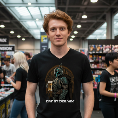Ein Mann trägt das Das ist der Weg Shirt auf der Comic-Con und steht mit Freunden am Stand