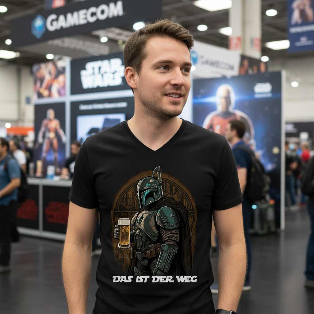 Ein Mann trägt ein Mandalorian Das ist der Weg Shirt auf der Gamescom am Star Wars Booth
