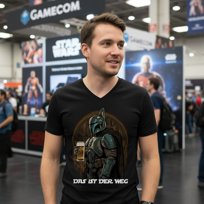 Ein Mann trägt ein Mandalorian Das ist der Weg Shirt auf der Gamescom am Star Wars Booth