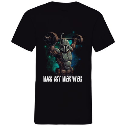 Schwarzes Herren V-Neck Shirt mit Mandalorianer Hanteltraining Motiv und Das ist der Weg Spruch, Frontansicht