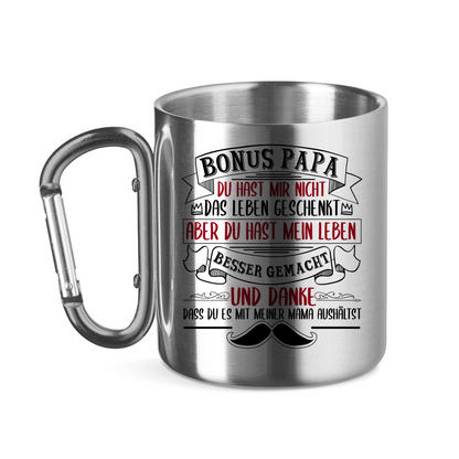 Bonus Papa danke dass du es mit meiner Mama aushältst - Edelstahltasse mit Karabinergriff