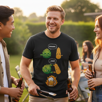 Ein Mann trägt das Dragonball Bier Fusion Shirt beim Grillen im Garten mit Freunden