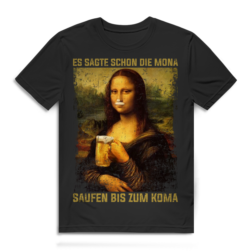 Herren T-Shirt mit Mona Lisa – Saufen bis zum Koma Funshirt für Bierfans Black