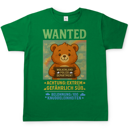 Herren T-Shirt Wanted Glücksbärchi Wolkenland Extrem Gefährlich Süß Kelly Green