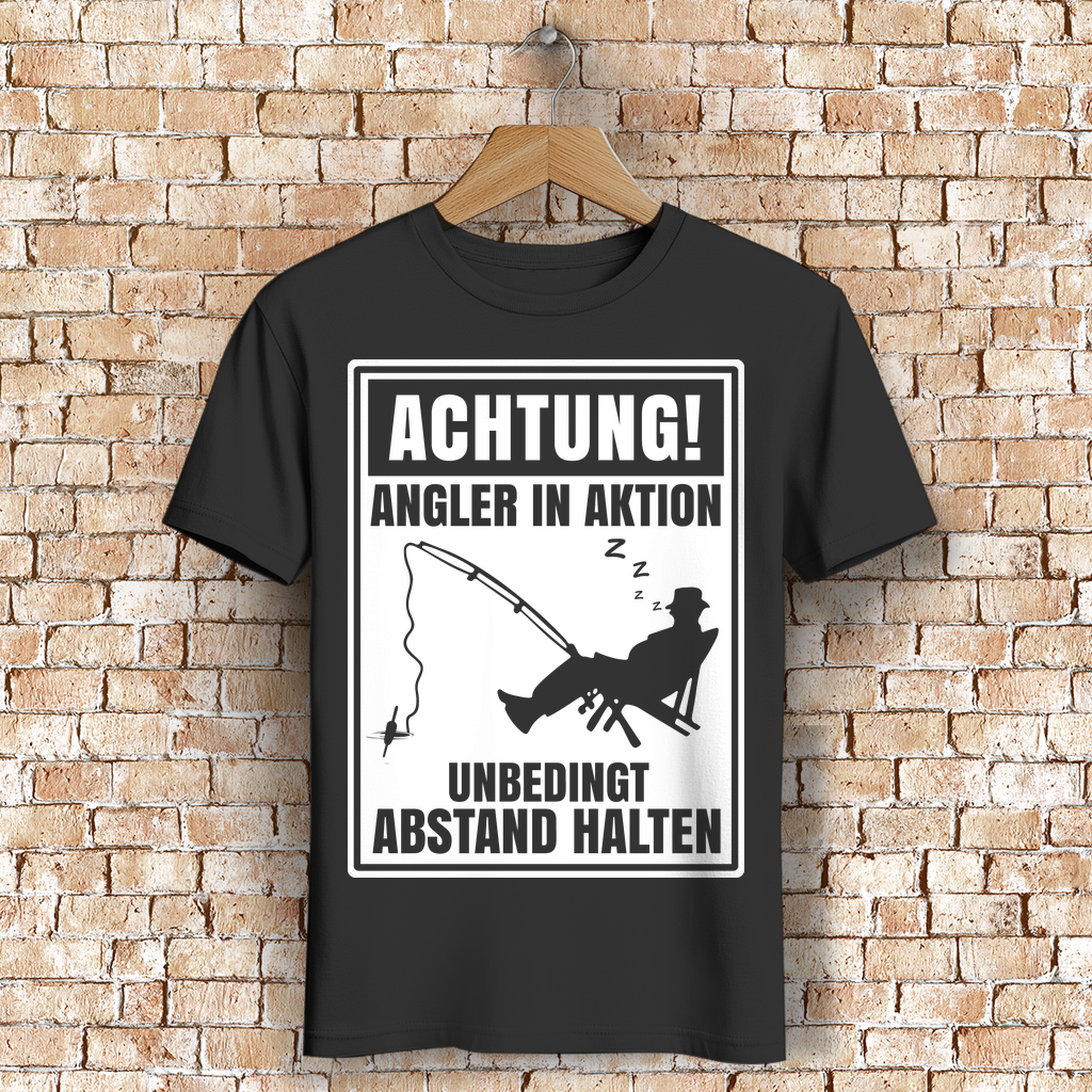 Herren Premium Bio Shirt „Achtung! Angler in Aktion“ Lustiges Angelshirt Geschenk