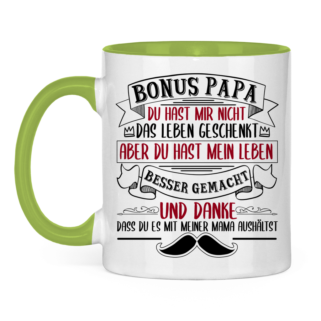 Bonus Papa danke dass du es mit meiner Mama aushältst - Tasse zweifarbig Light Green
