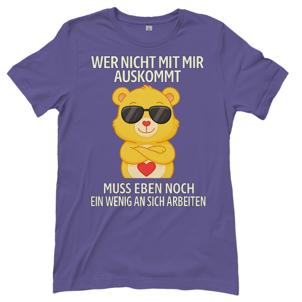Damen T-Shirt Wer nicht mit mir auskommt Glücksbärchi Bärchi Spruch Millennial Lilac