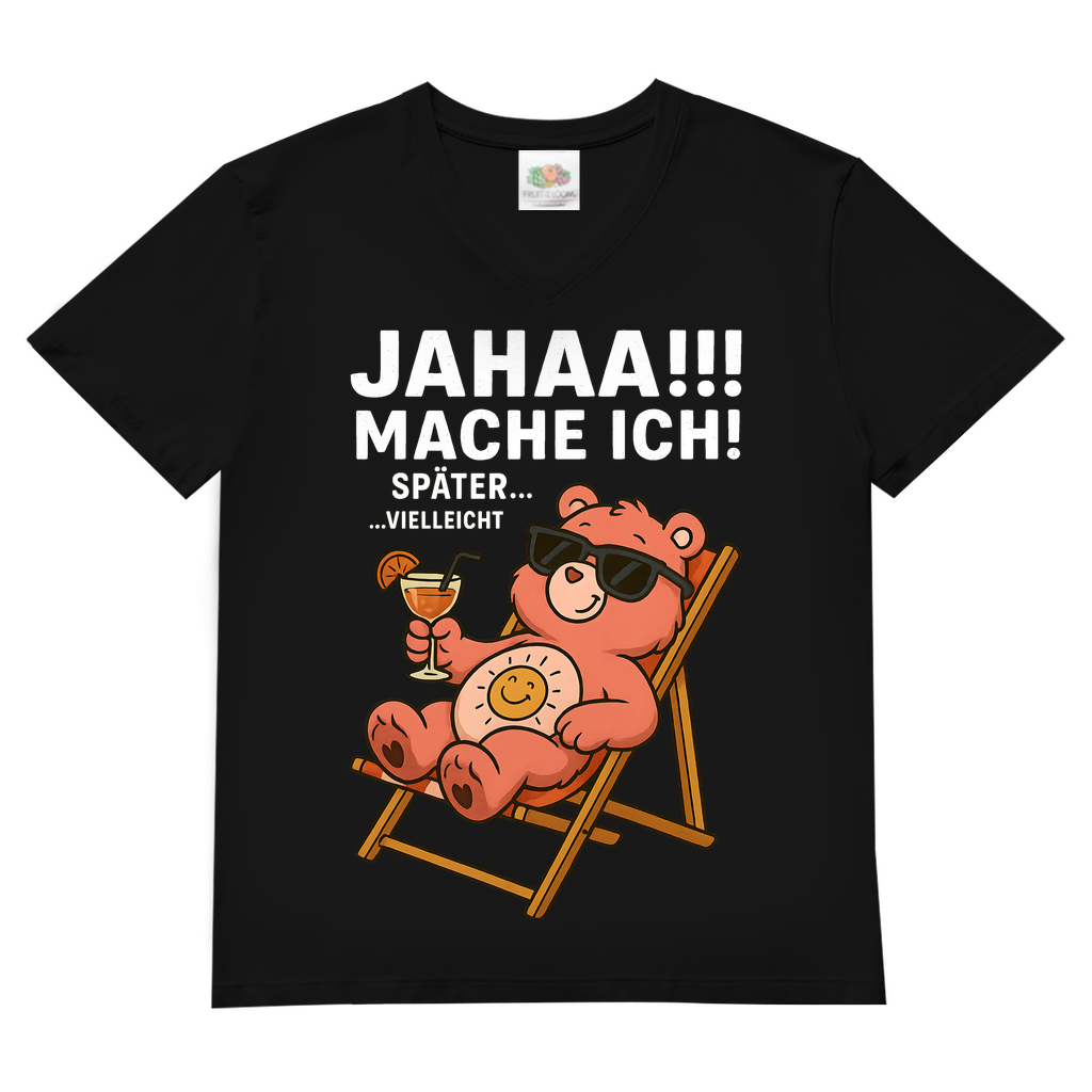 Herren V-Neck Shirt Jahaa Mache Ich Später Vielleicht Chill Bär Glücksbärchi Black